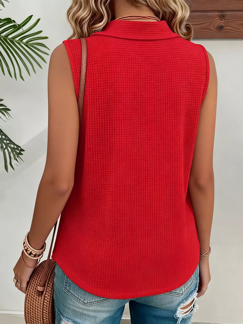 Full Size Waffle Knit Button Detail Sleeveless Top Plus Size, image 4