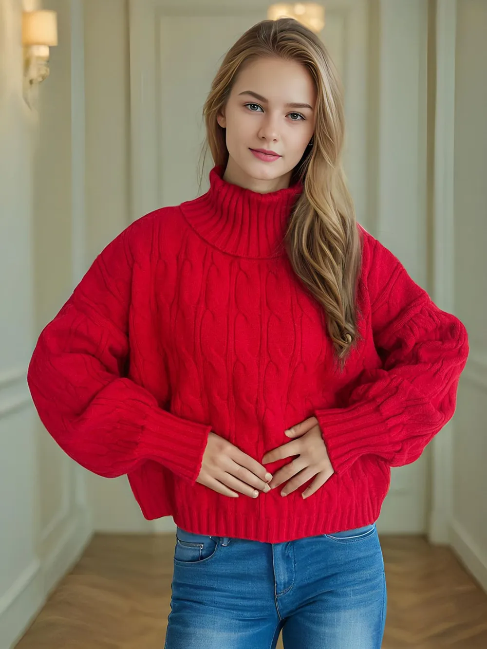 Cable-Knit Turtleneck Long Sleeve Sweater, image 8