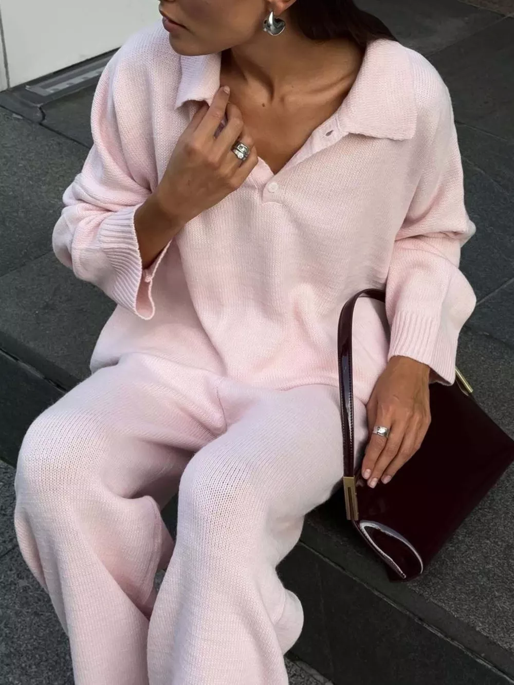Polo Collar Top and Wide Leg Pants Knit Set, image 2