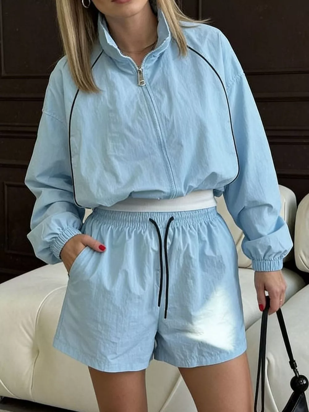 Zip Up Long Sleeve Outerwear and Shorts Set, image 7