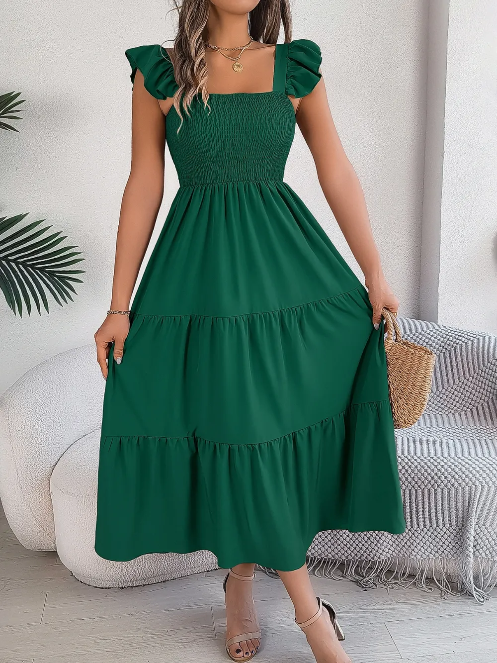 Smocked Square Neck Cap Sleeve Midi Dress, image 25