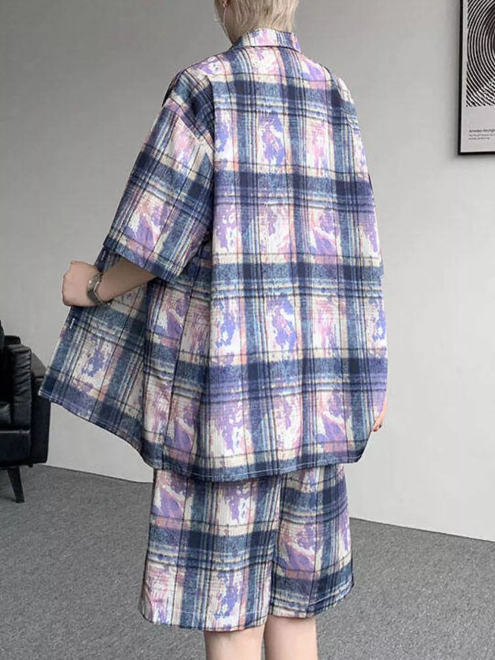 Men's Plus Size Casual Plaid Print Shirt & Shorts Set, image 4
