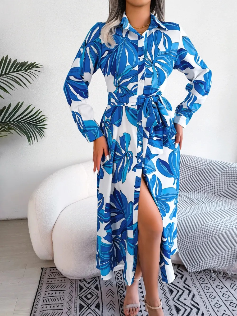 Tied Button Up Long Sleeve Dress, image 17