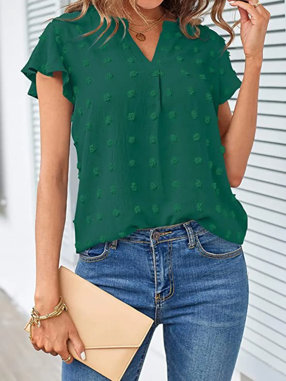 Swiss Dot Notched Cap Sleeve Blouse, image 19