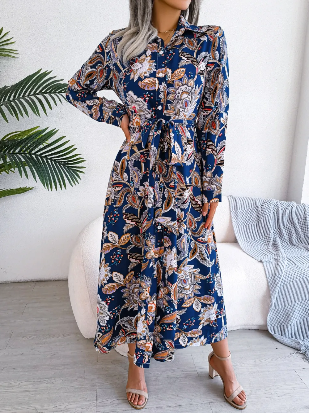 Tied Printed Long Sleeve Midi Dress, image 4
