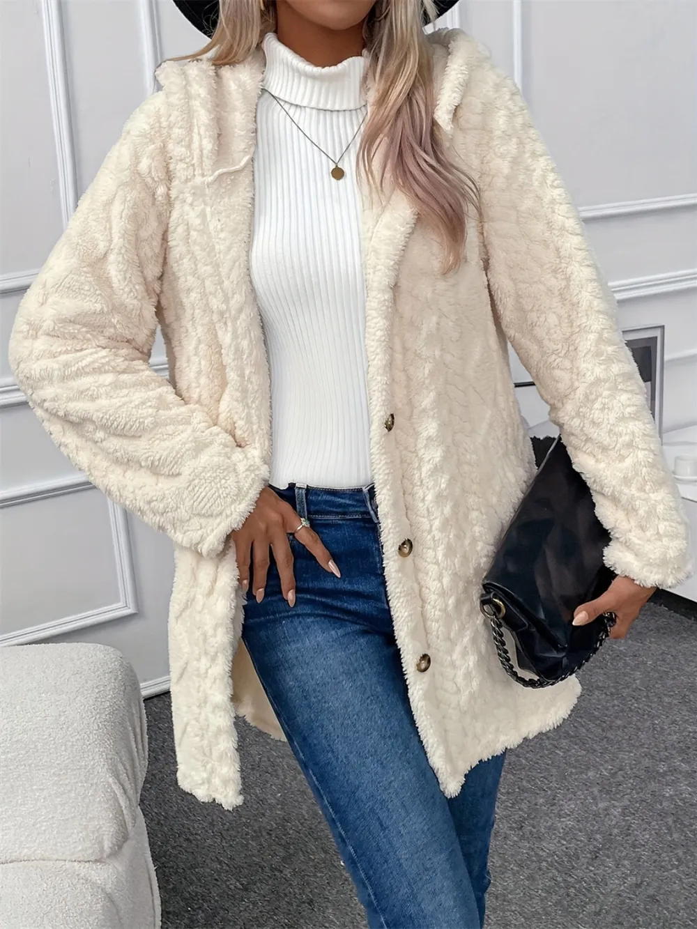 Fuzzy Button Down Hooded Coat, image 4