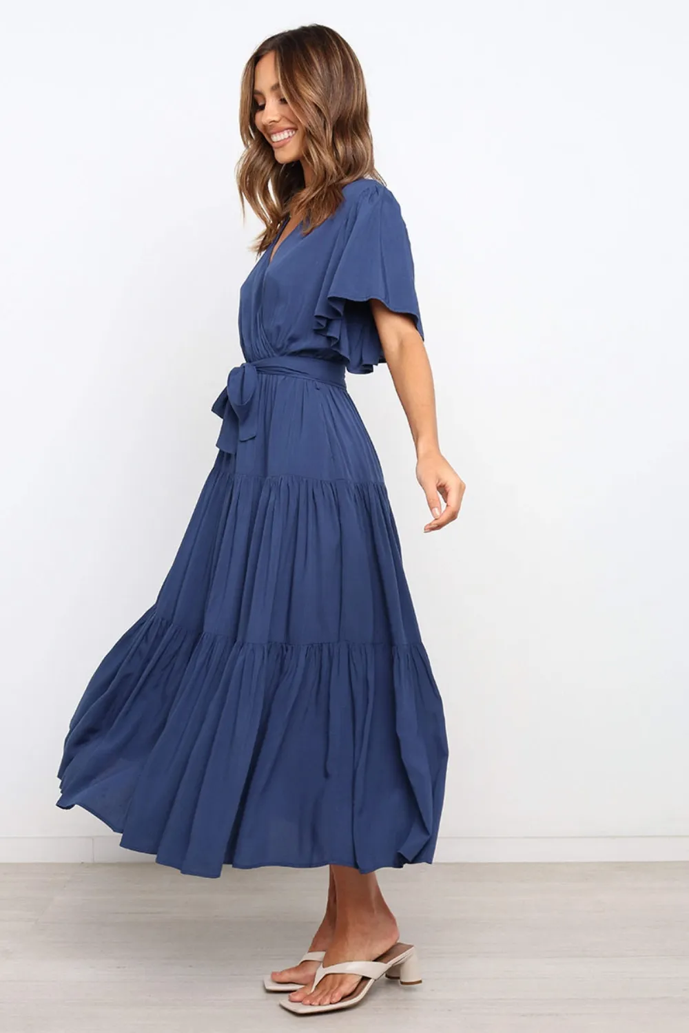 Front Tie Short Sleeve Tiered Midi Dress, image 13