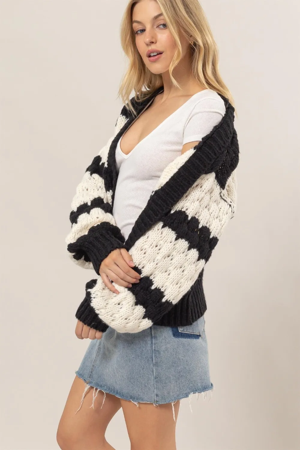 Scallop Striped Open Front Long Sleeve Sweater Cardigan, image 3