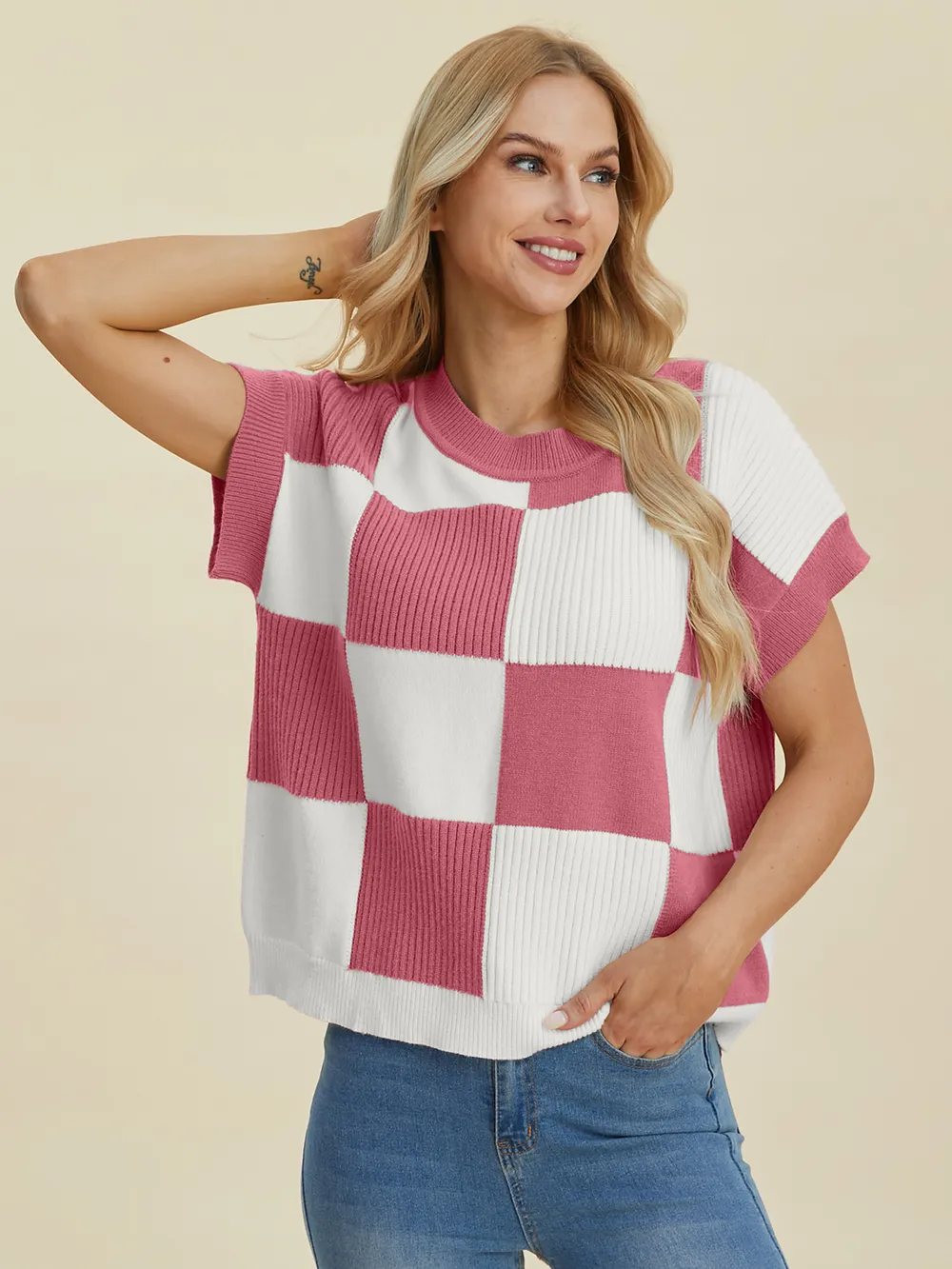 Full Size Checkered Round Neck Short Sleeve Sweater, image 21