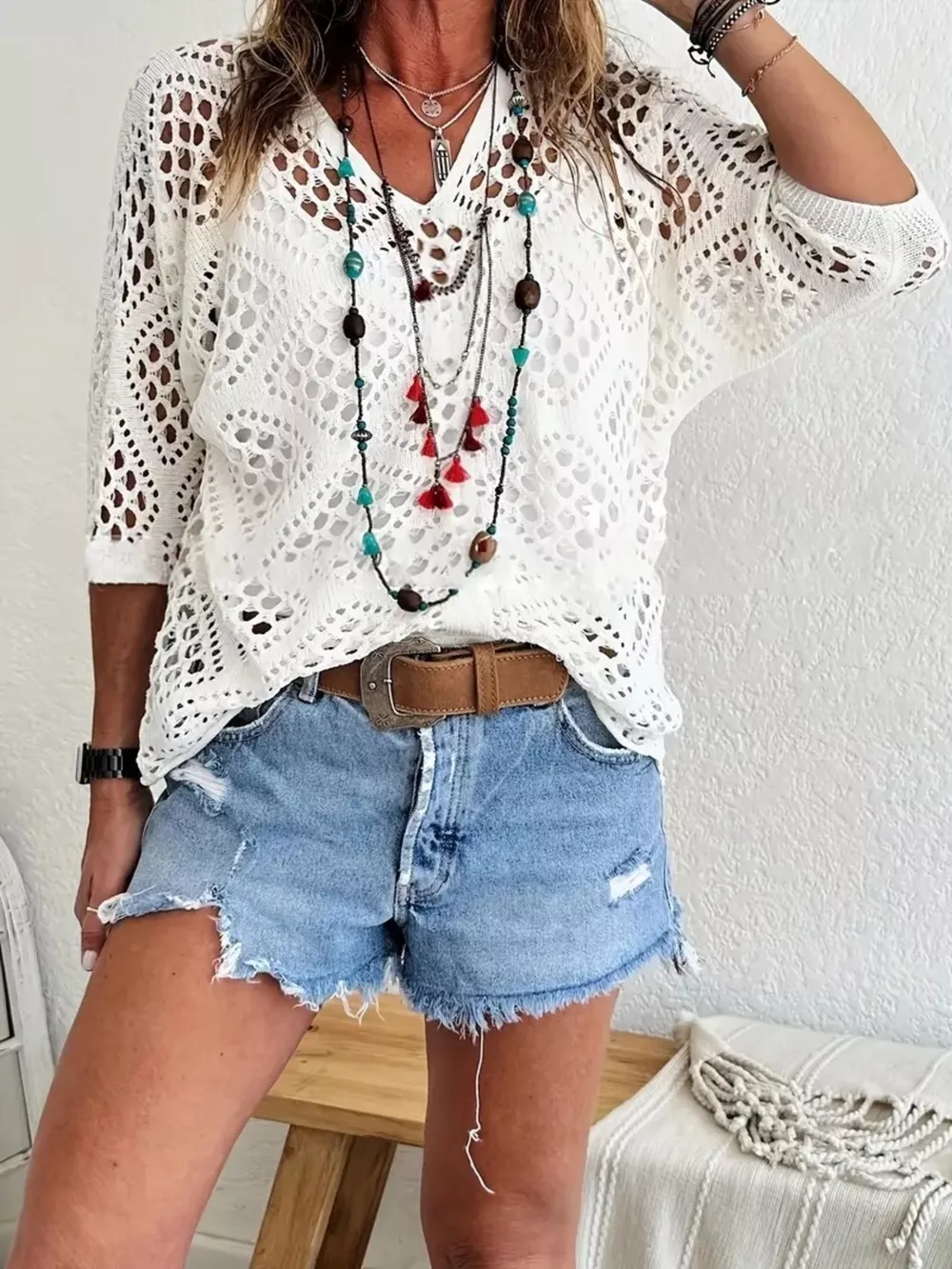 Full Size Hollow Out Crochet Knit Cover Up Plus Size, image 3