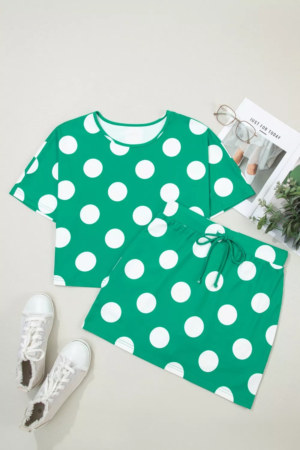 Polka Dot Print Cropped Tee Bodycon Skort 2pcs Set, image 4