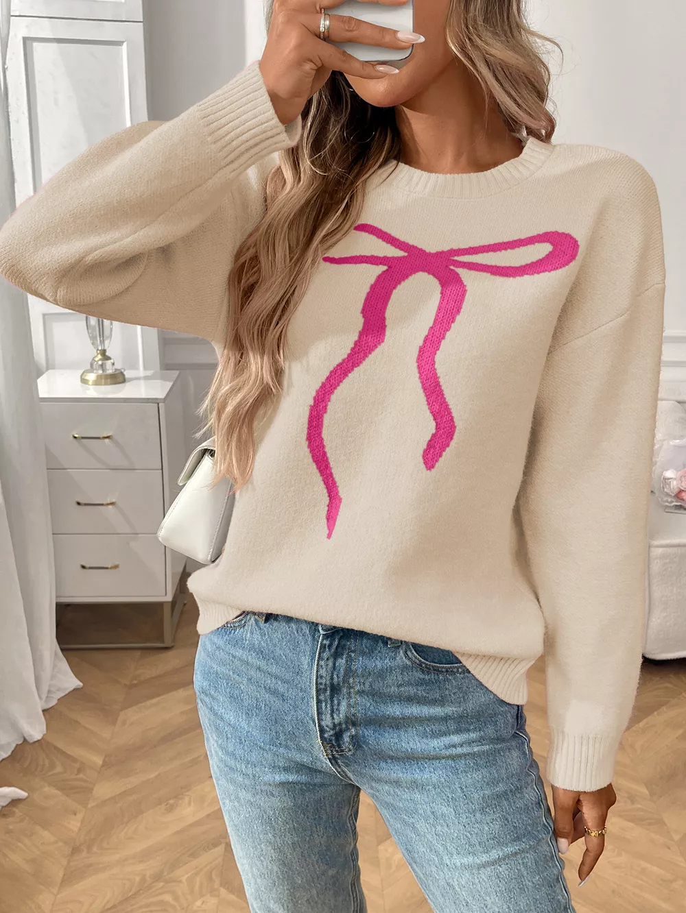 Bow Round Neck Long Sleeve Sweater, image 14