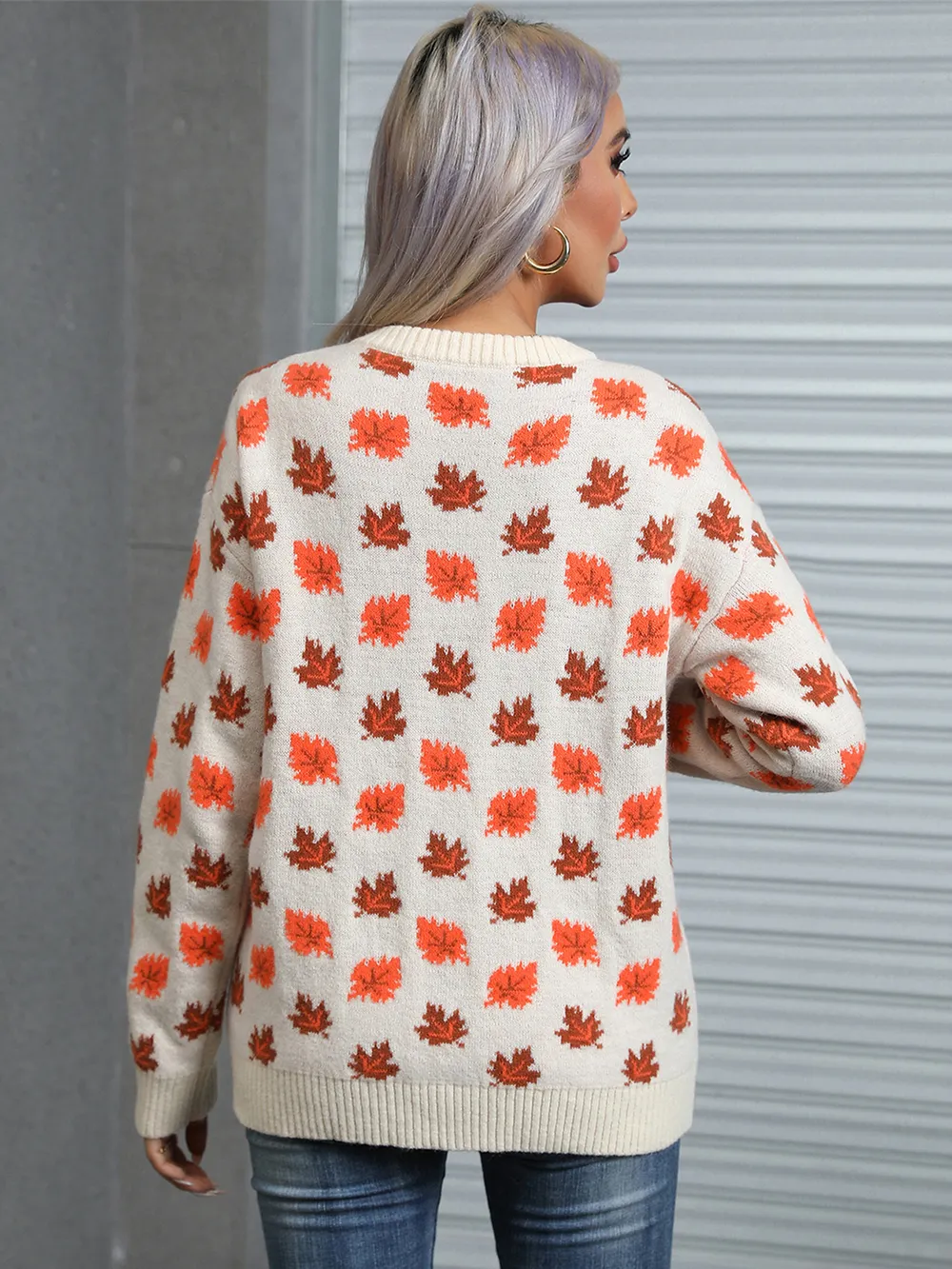 Maple Leaf Round Neck Long Sleeve Sweater, image 6