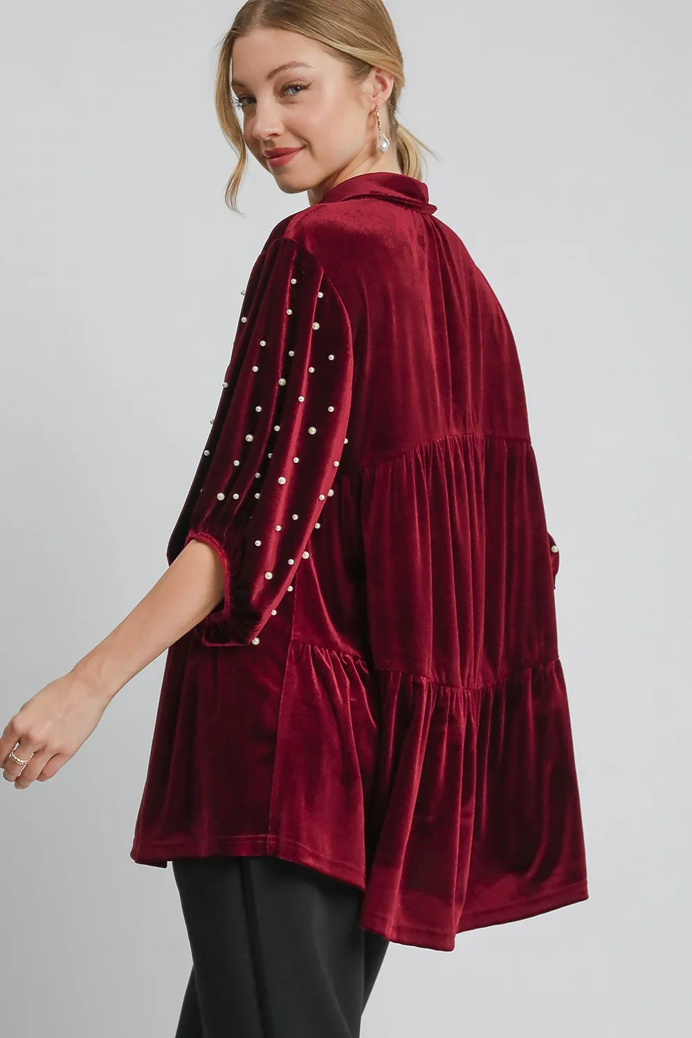Pearl Detail Collared Neck Velvet Babydoll Blouse, image 2
