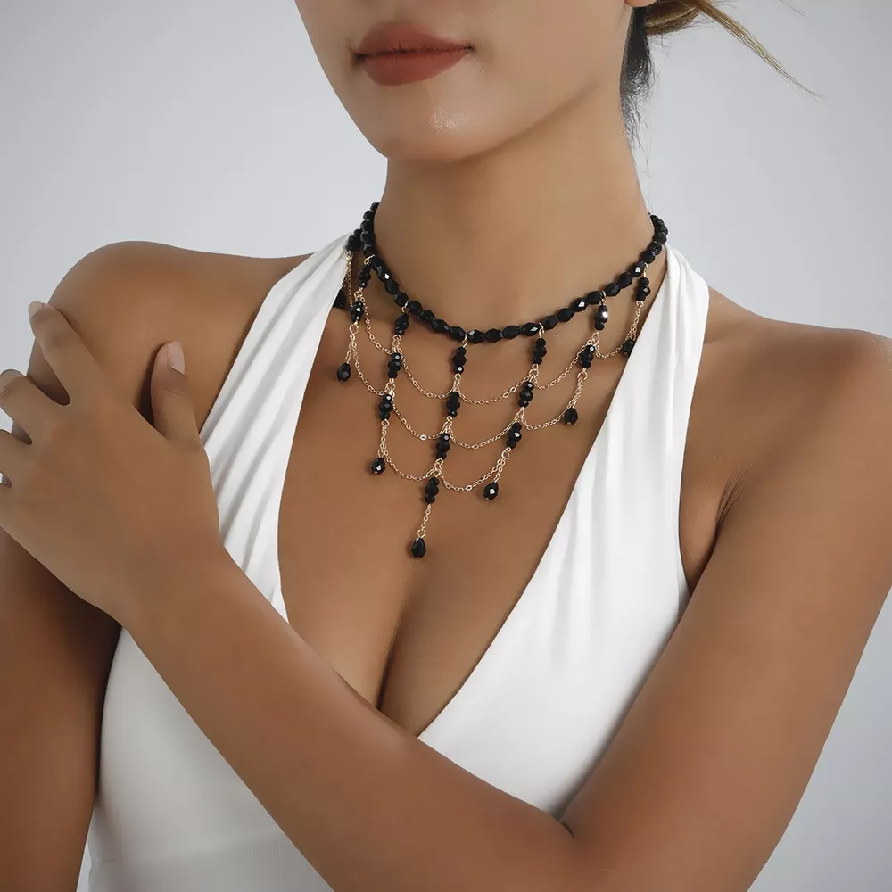 Beaded Choker Necklace with Draping Chains, image 2