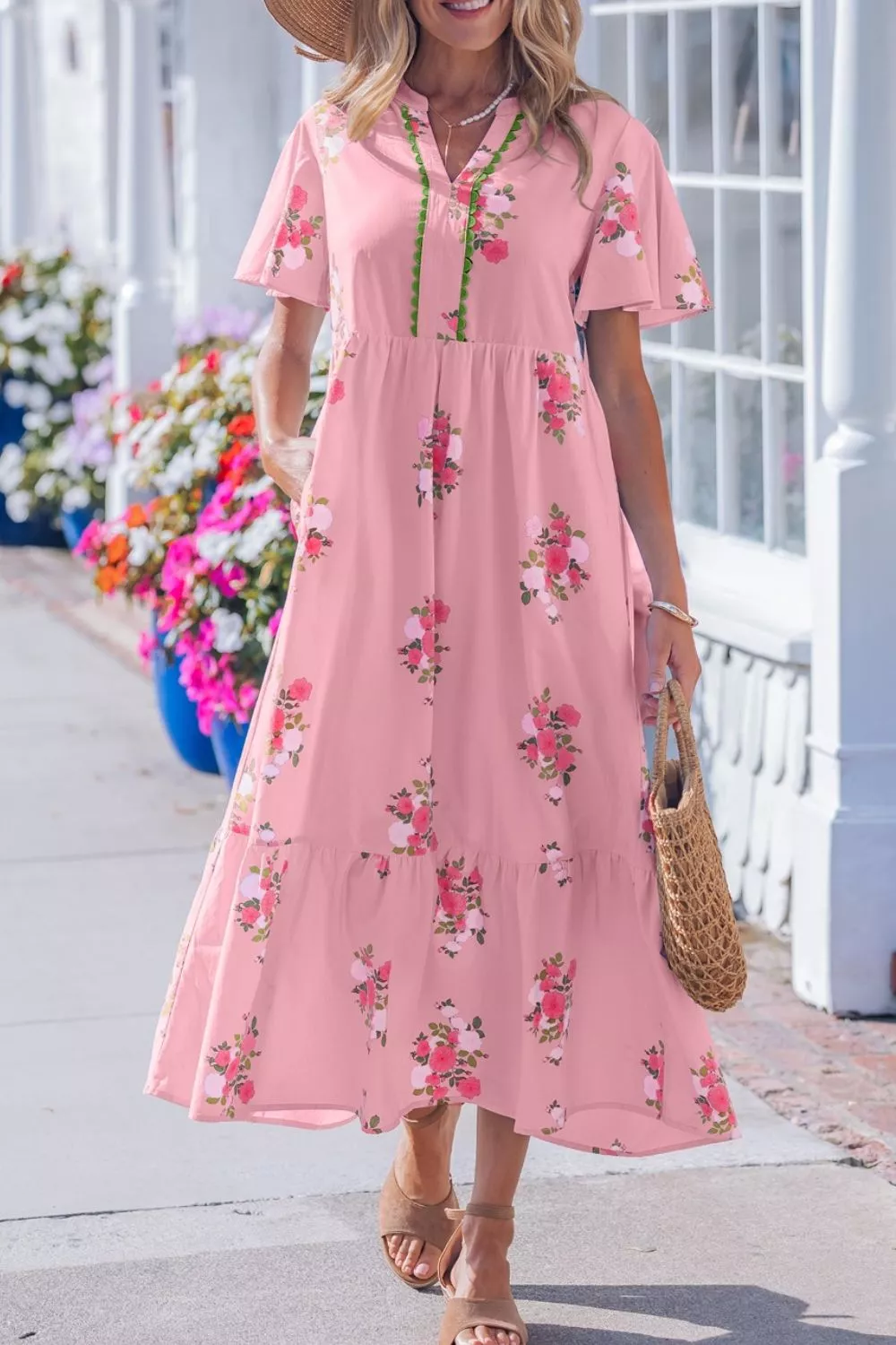 Notched Neck Flutter Short Sleeve Floral Print Dress, image 4