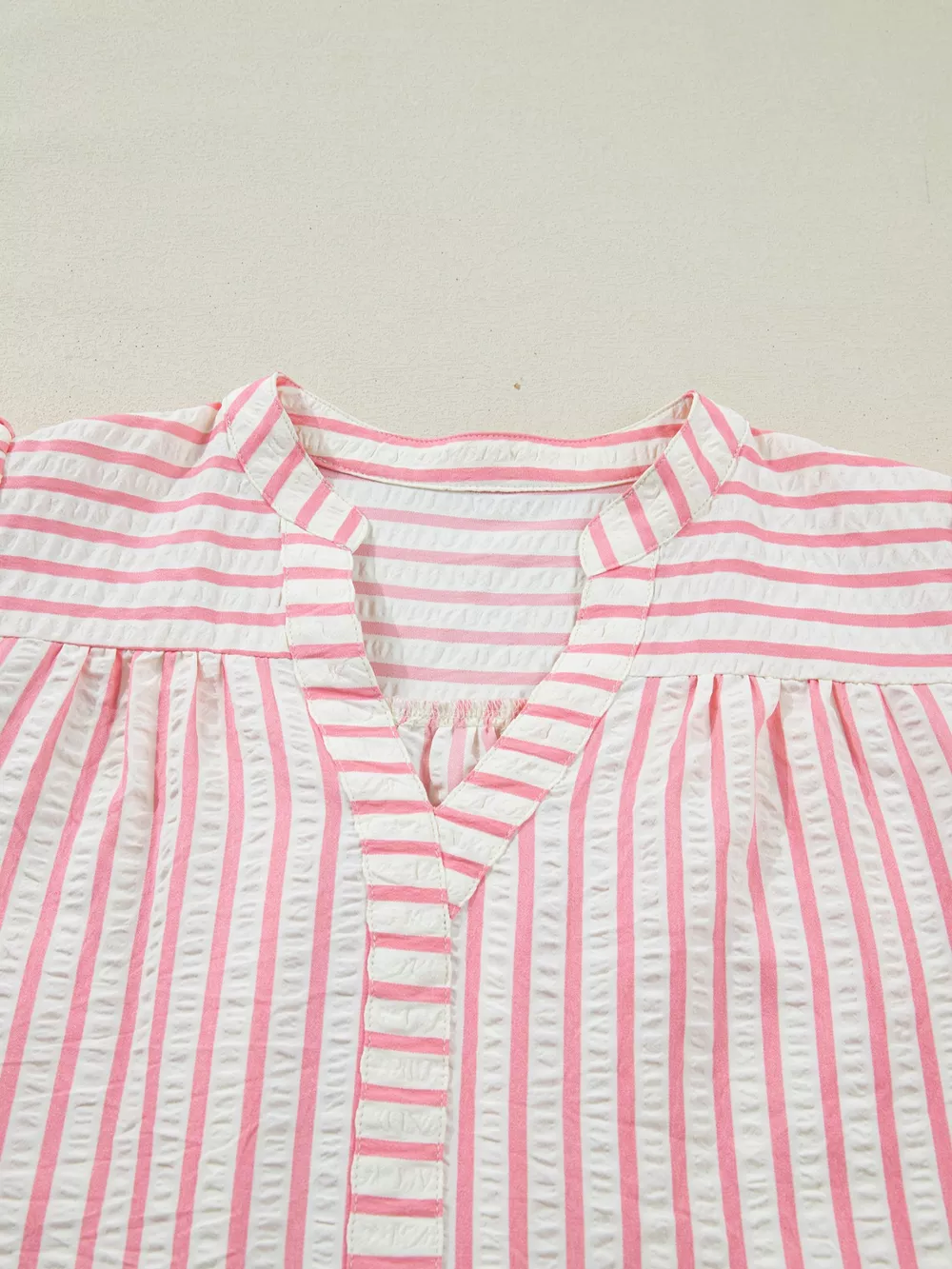 Stripe Print Floral Embroidered Puff Sleeve V Neck Blouse, image 6