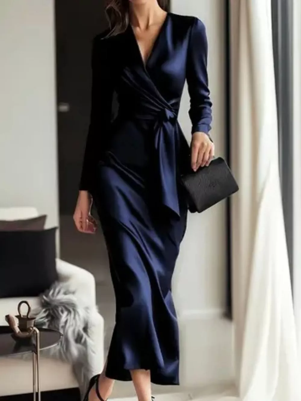 Satin Tie Waist Long Sleeve Dress, image 8