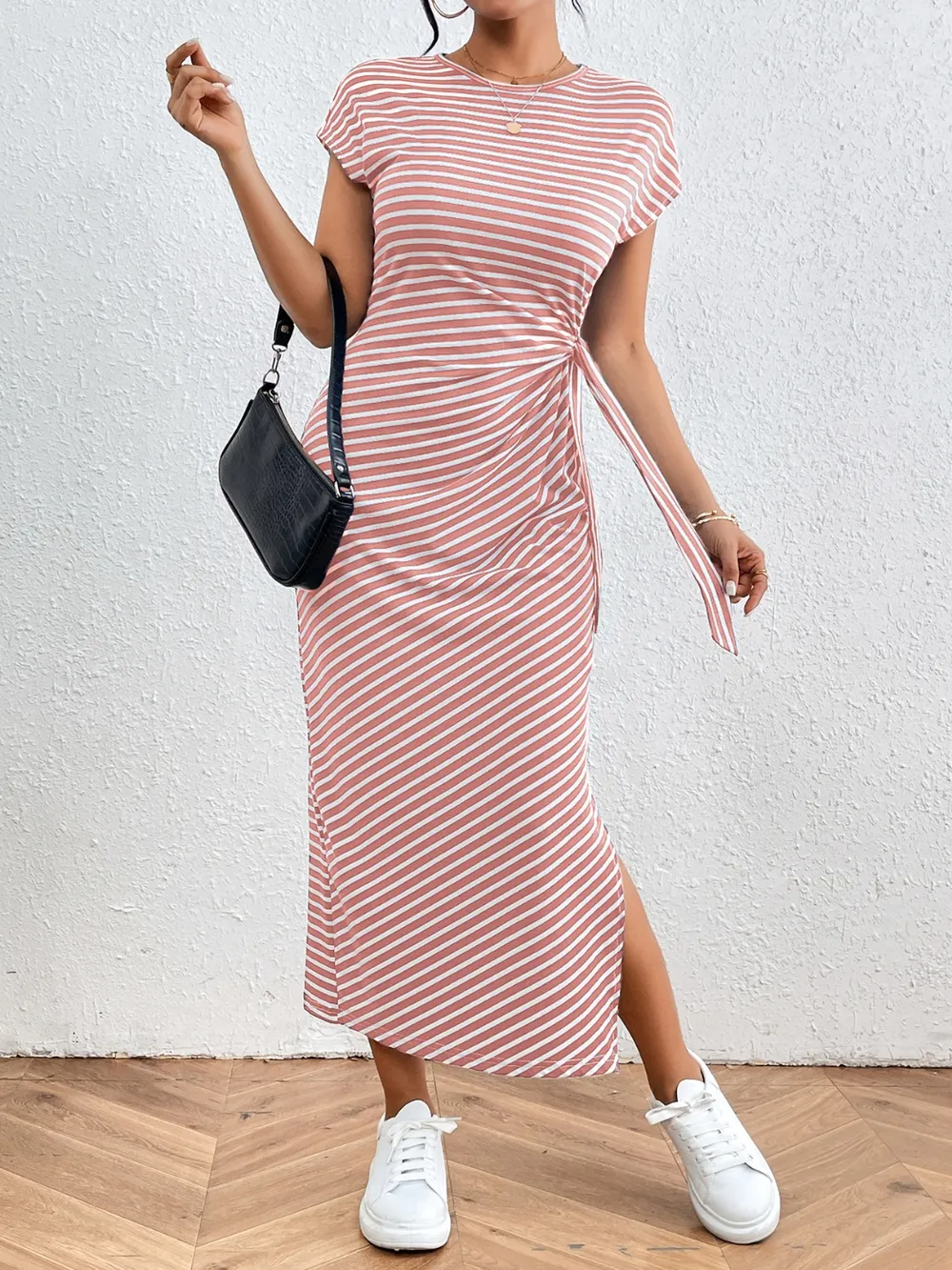 Tied Striped Round Neck Short Sleeve Tee Dress, image 22