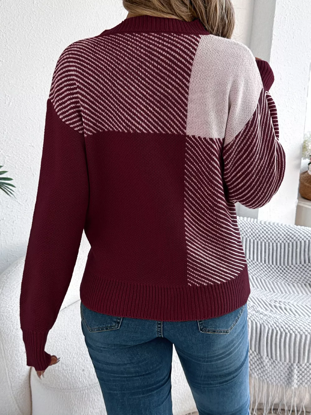 Color Block Striped Round Neck Sweater, image 9