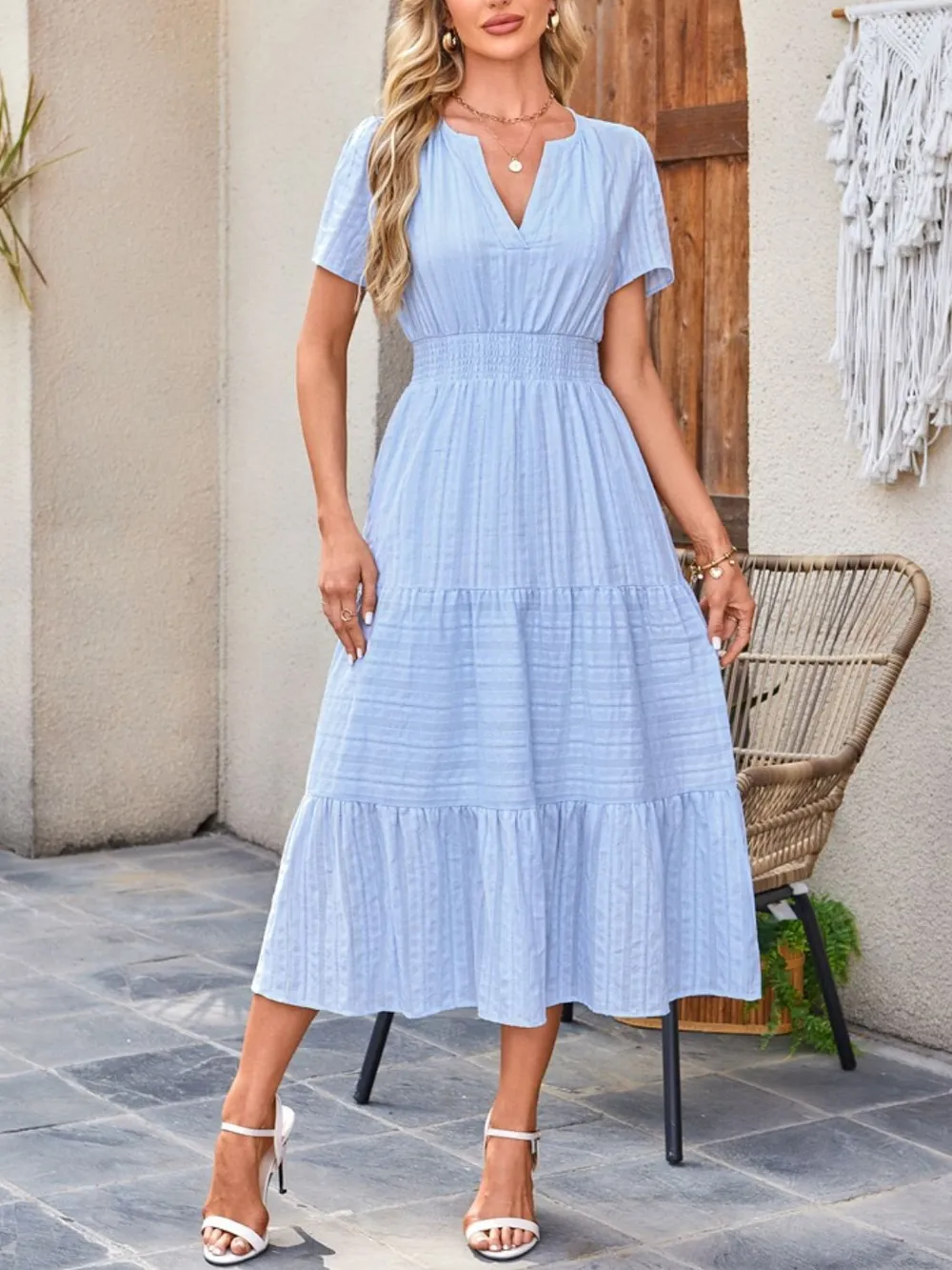 Tiered Notched Short Sleeve Dress, image 25