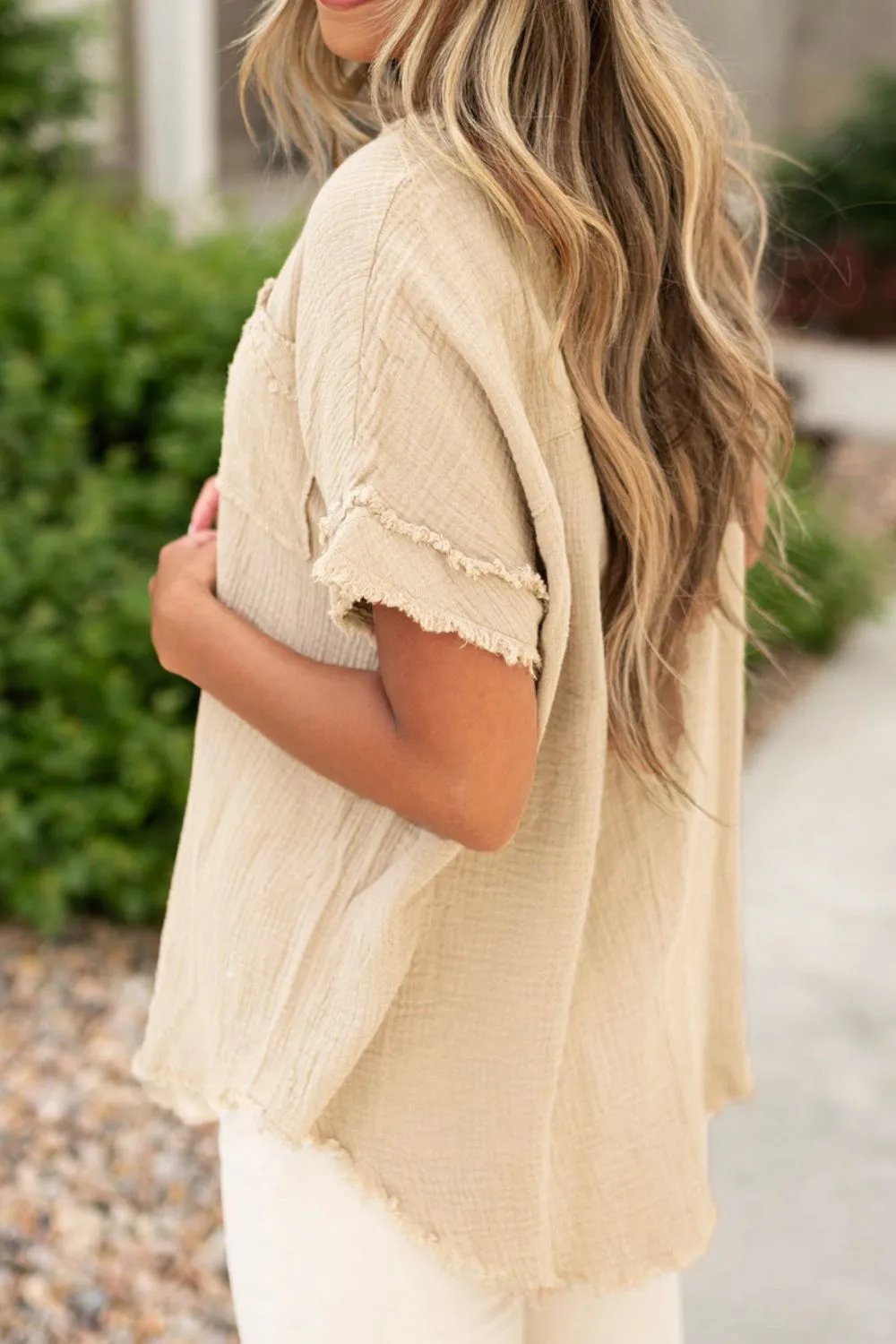 Textured Frayed Trim Half Button Short Sleeve Top, image 13