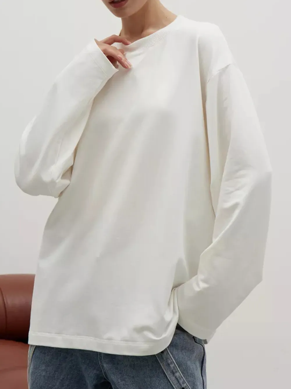 Round Neck Dropped Shoulder Long Sleeve T-Shirt, image 2