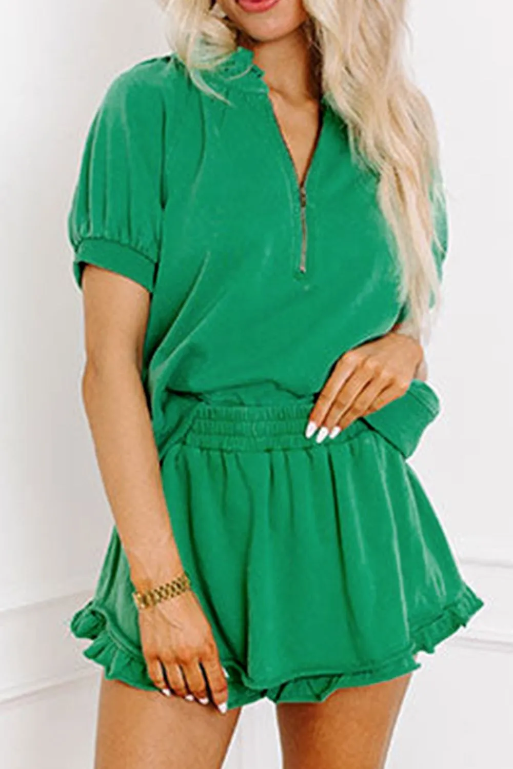 Frill Zip Front Puff Sleeve Top and Skort Set, image 18