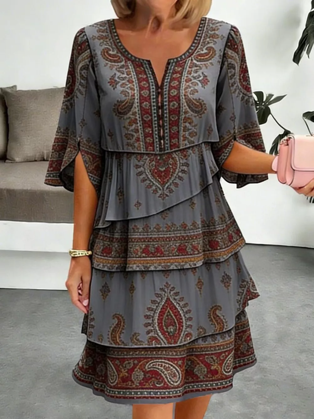 Full Size Paisley Print Layered Ruffle Mini Dress Plus Size, image 9