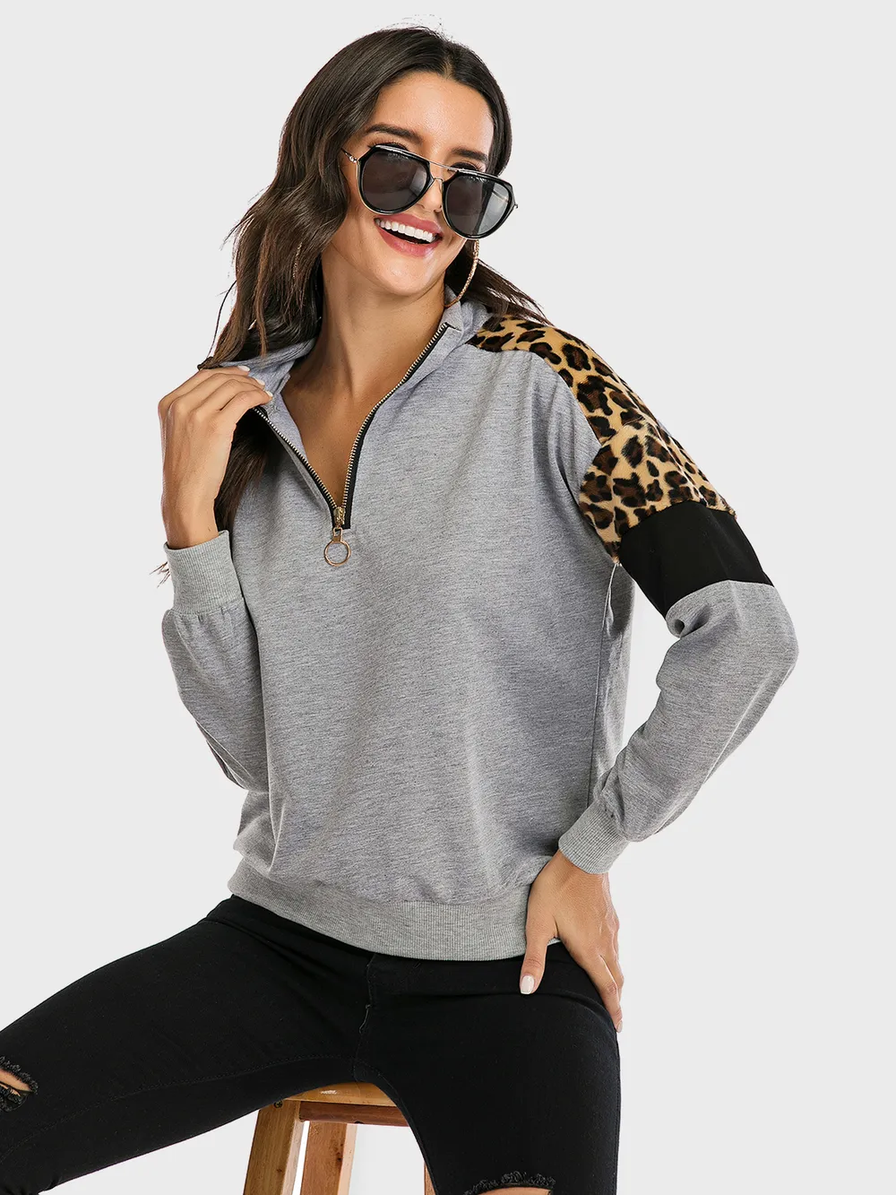 Contrast Leopard Half Zip Long Sleeve Sweatshirt, image 4