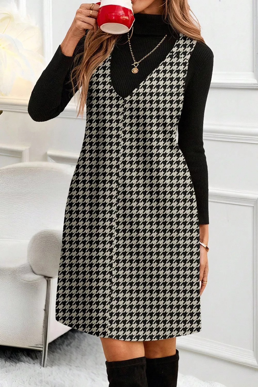 Houndstooth V-Neck Sleeveless Mini Dress, image 9