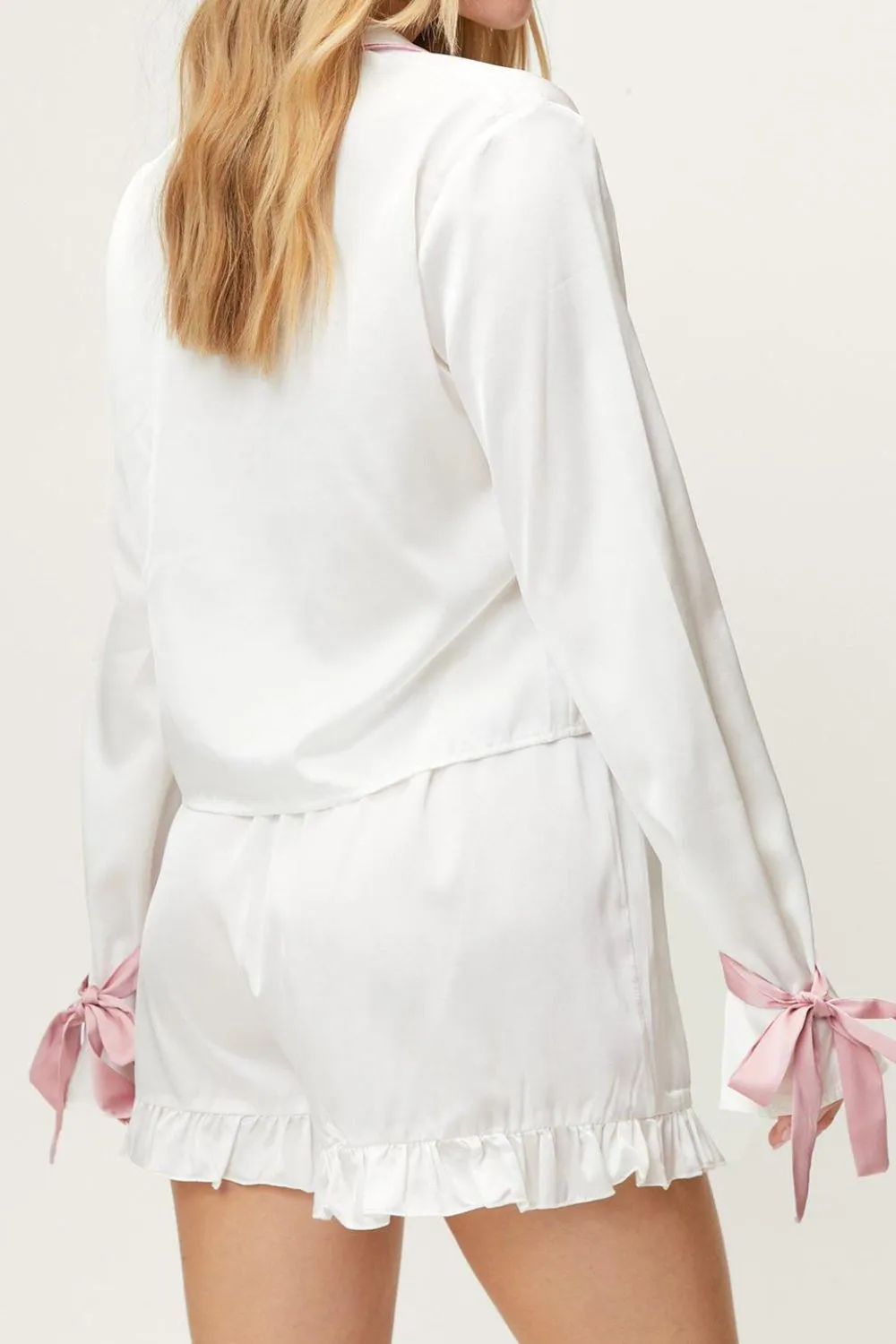 Tied Cuff Collared Neck Top and Frill Shorts Lounge Set, image 4