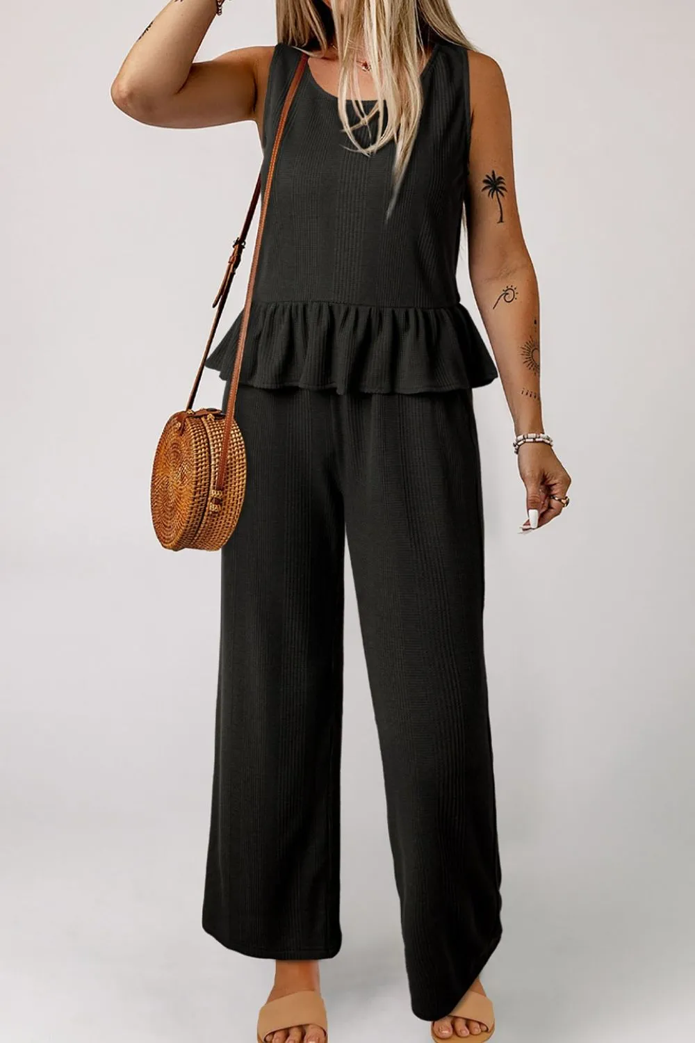 Color Ribbed Ruffle Tank Top and Pants Set, image 19