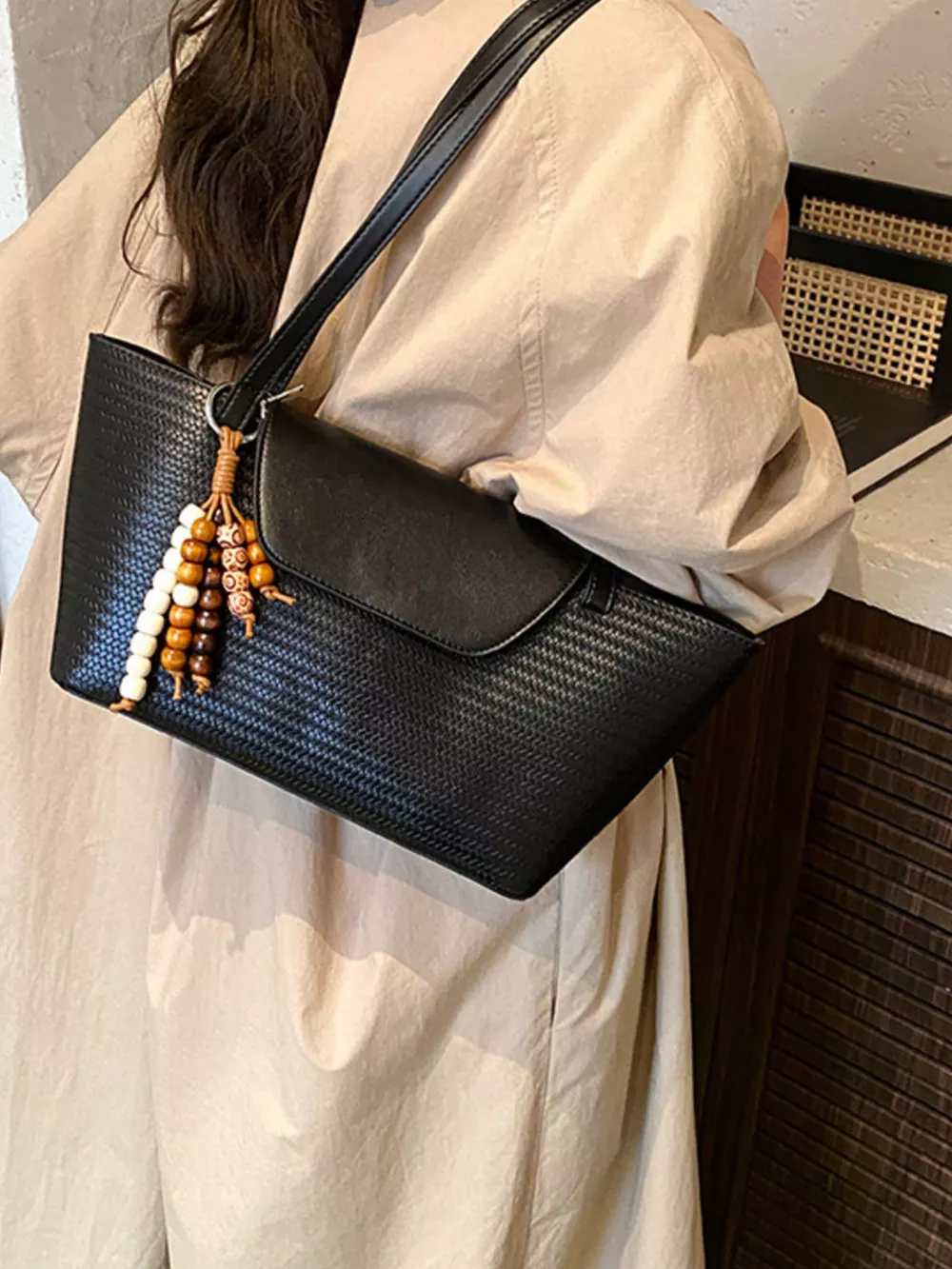 Texture Tote Bag with Beaded Charm, image 2