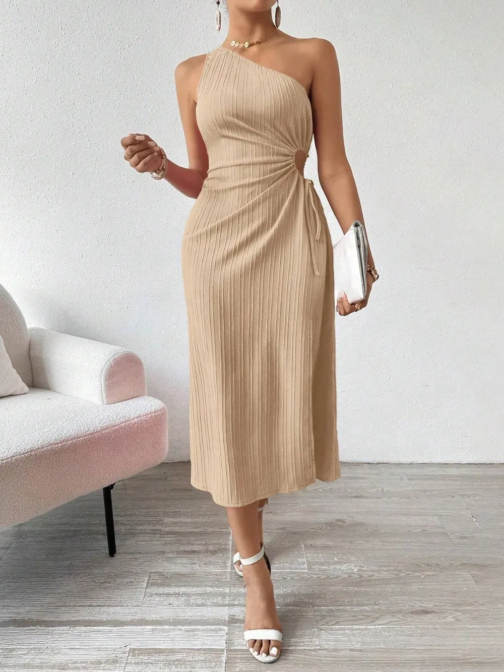 Side Slit Cutout Single Shoulder Dress, image 7