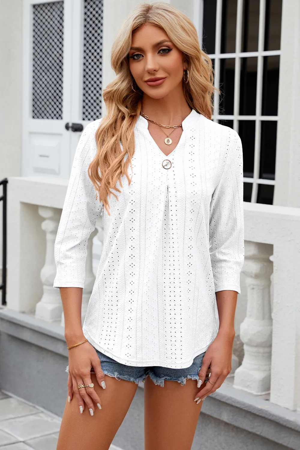 Eyelet Notched Knit Jacquard Top, image 8