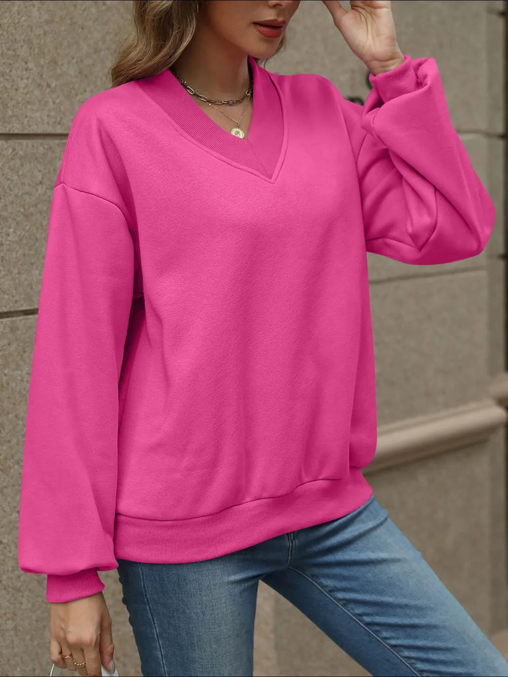 V-Neck Long Sleeve Dropped Shoulder Sweatshirt, image 4
