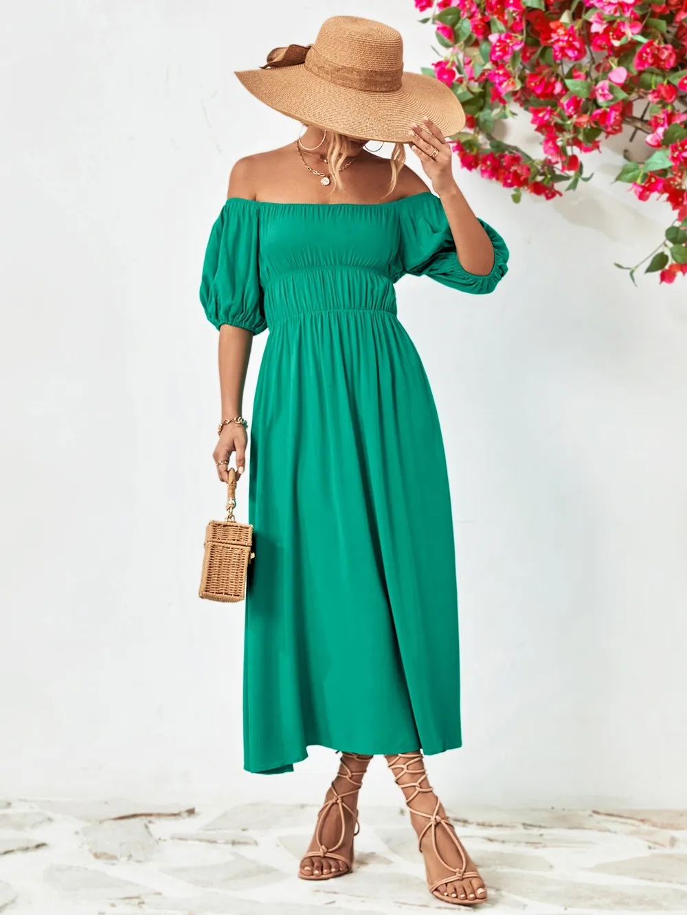 Off-Shoulder Puff Sleeve Smocked Maxi Dress, image 17