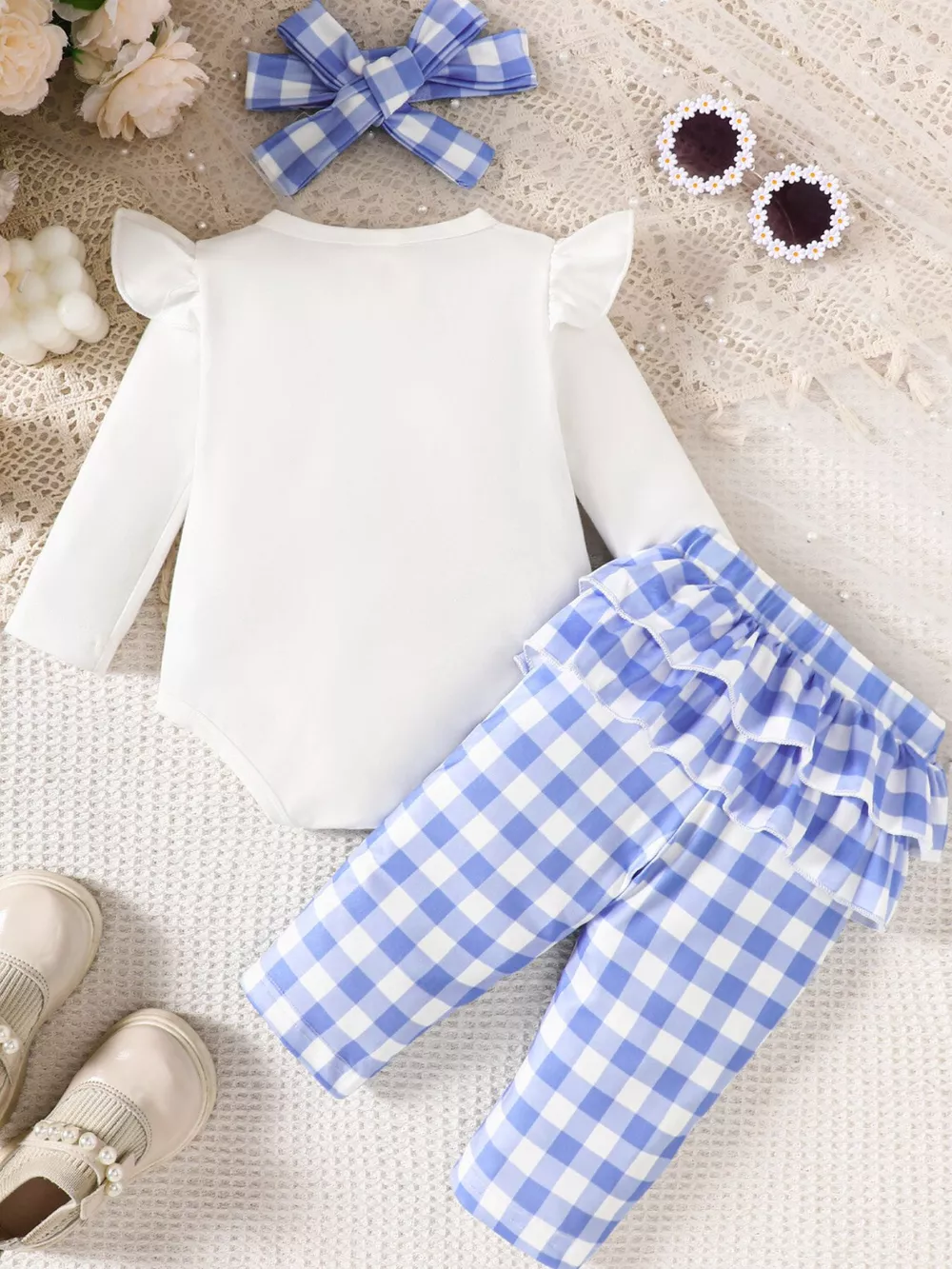 Children's Ruffled Bow Graphic Bodysuit and Pants Set with Headband, image 5
