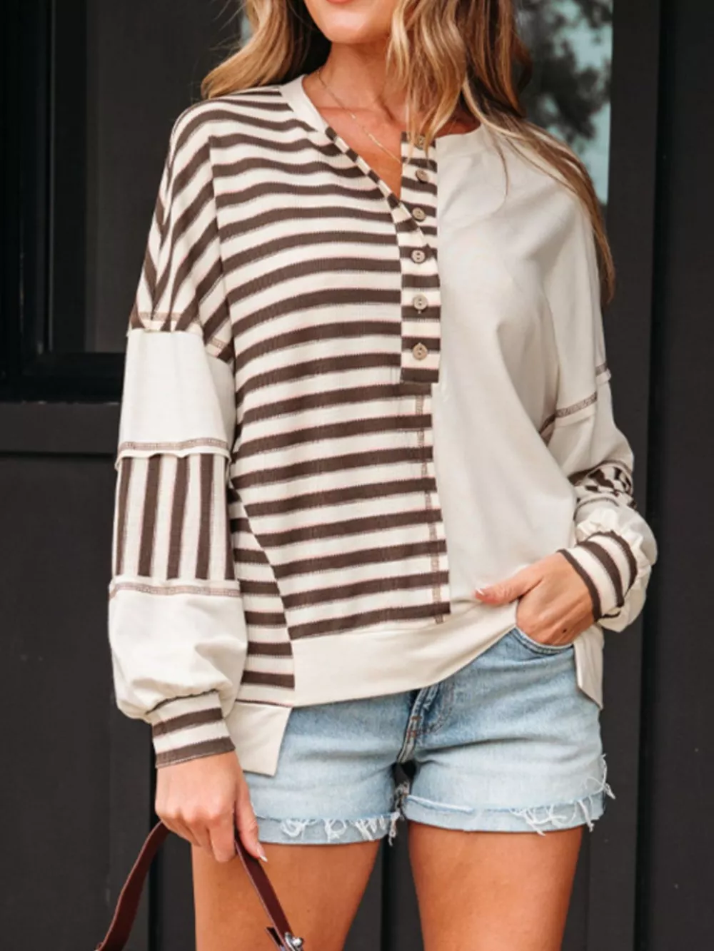 Stripe Stitched Detail Color Block Patchwork Oversized Top, image 12