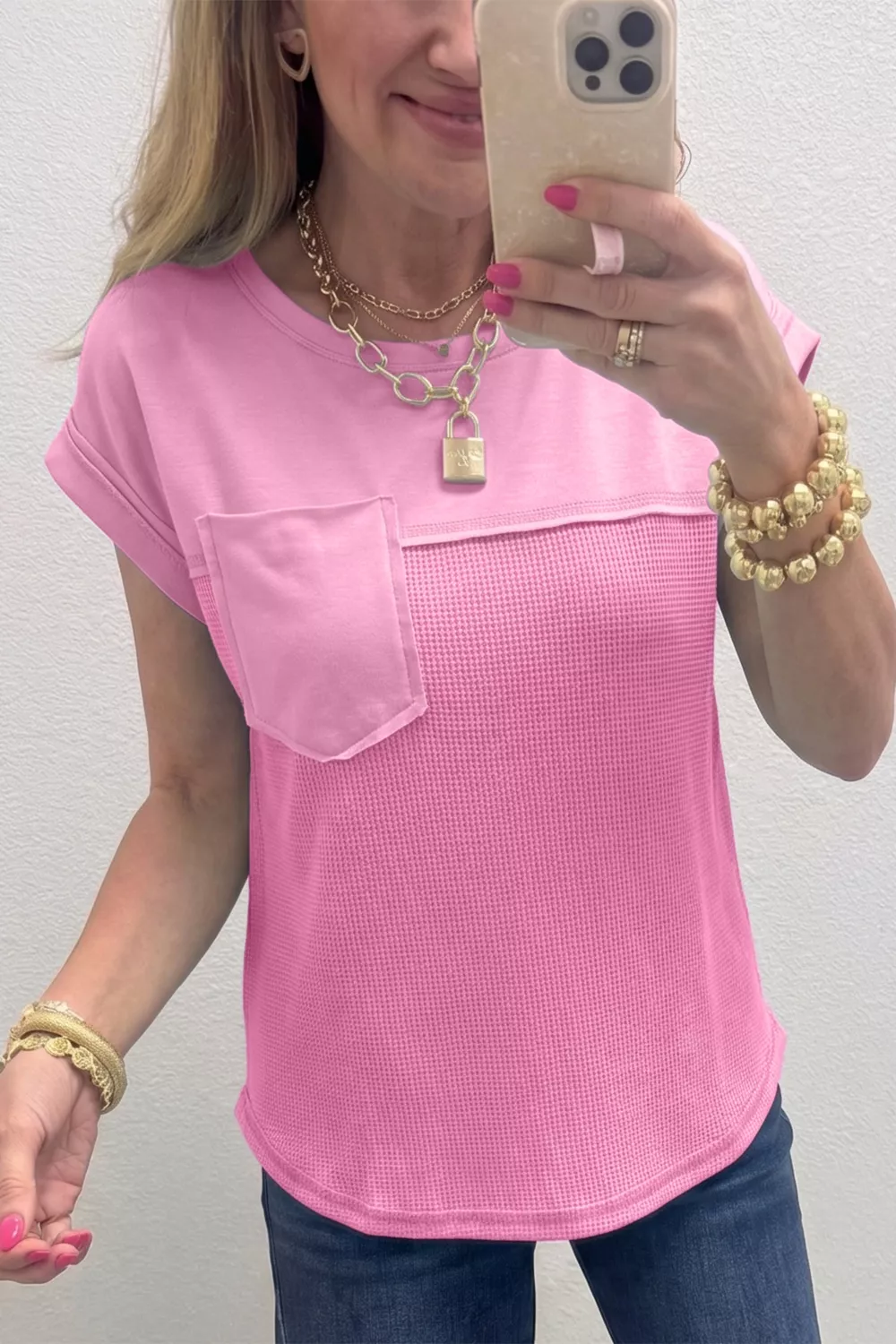 Solid Color Raw Seam Waffled Patchwork Casual T Shirt