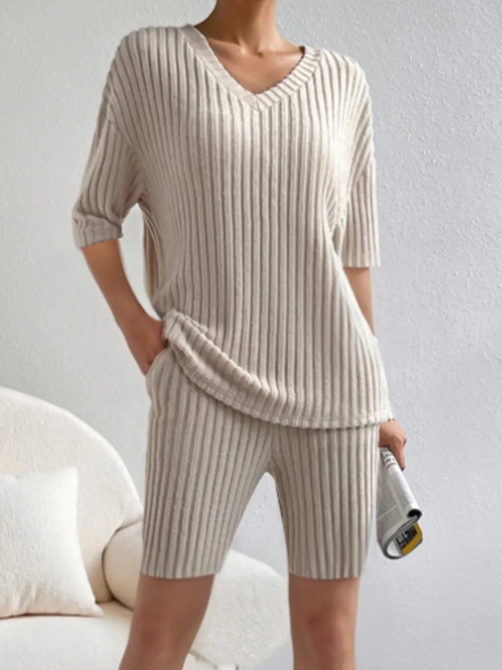 Ribbed V-Neck Top and Shorts Set, image 5