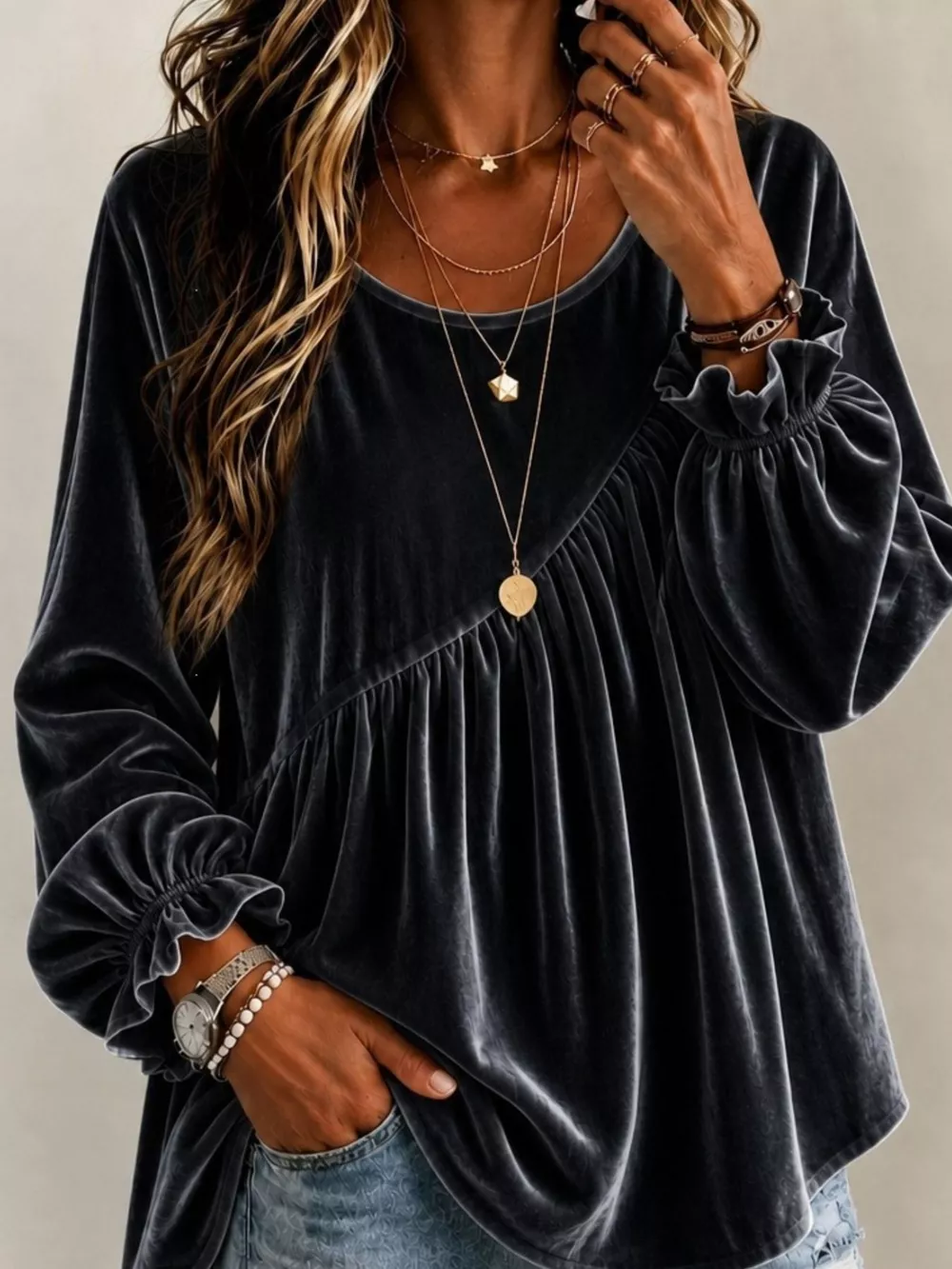 Full Size Velvet Round Neck Long Sleeve Blouse Plus Size
