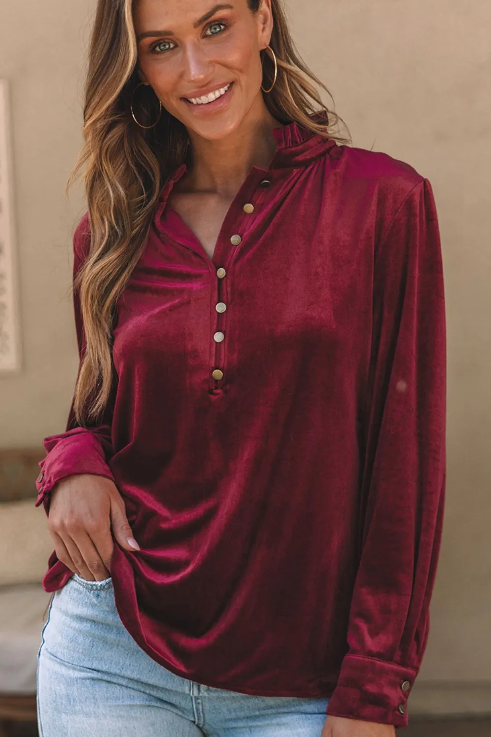 Frill Half Button Mock Neck Long Sleeve Blouse, image 4