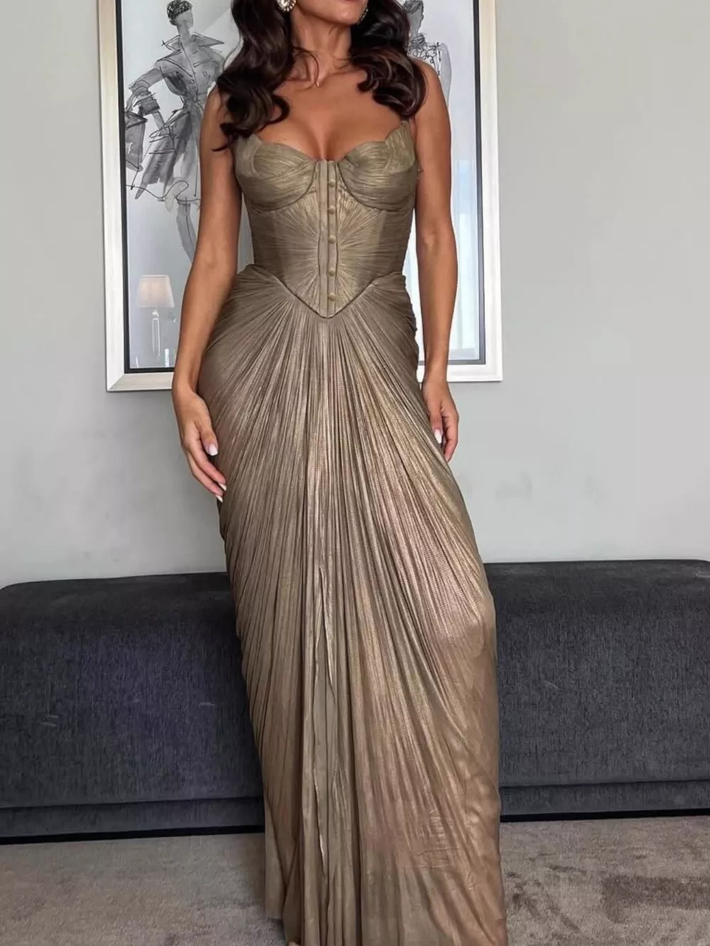 Metallic Pleated Corset Maxi Dress, image 4