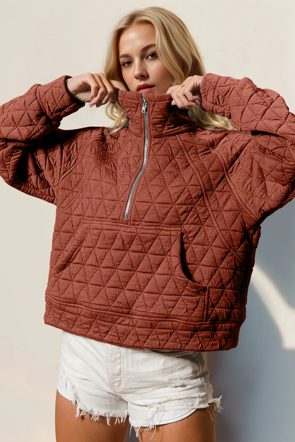 Half Zip Long Sleeve Quilted Sweatshirt with Pocket, image 2