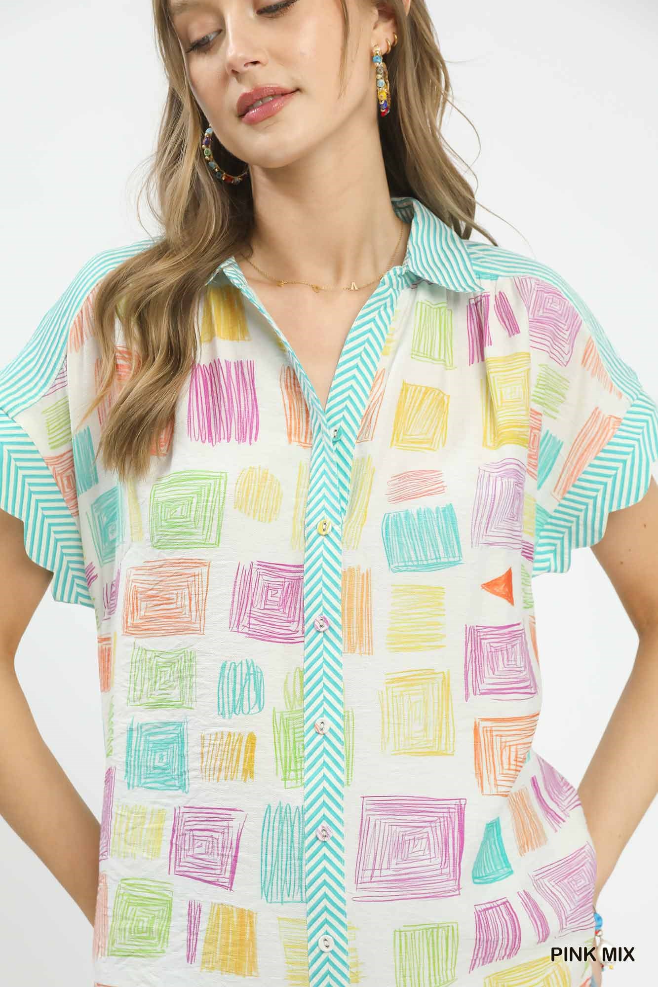 Mixed Media Print Button Front Collared Top, image 5
