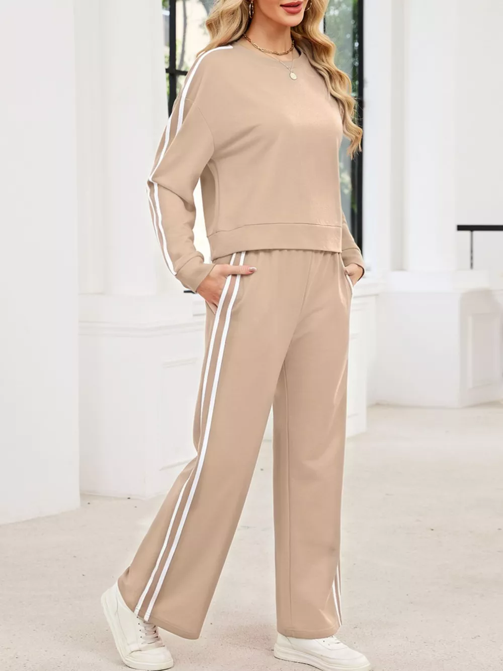 Striped Round Neck Sweatshirt and Pants Set, image 2