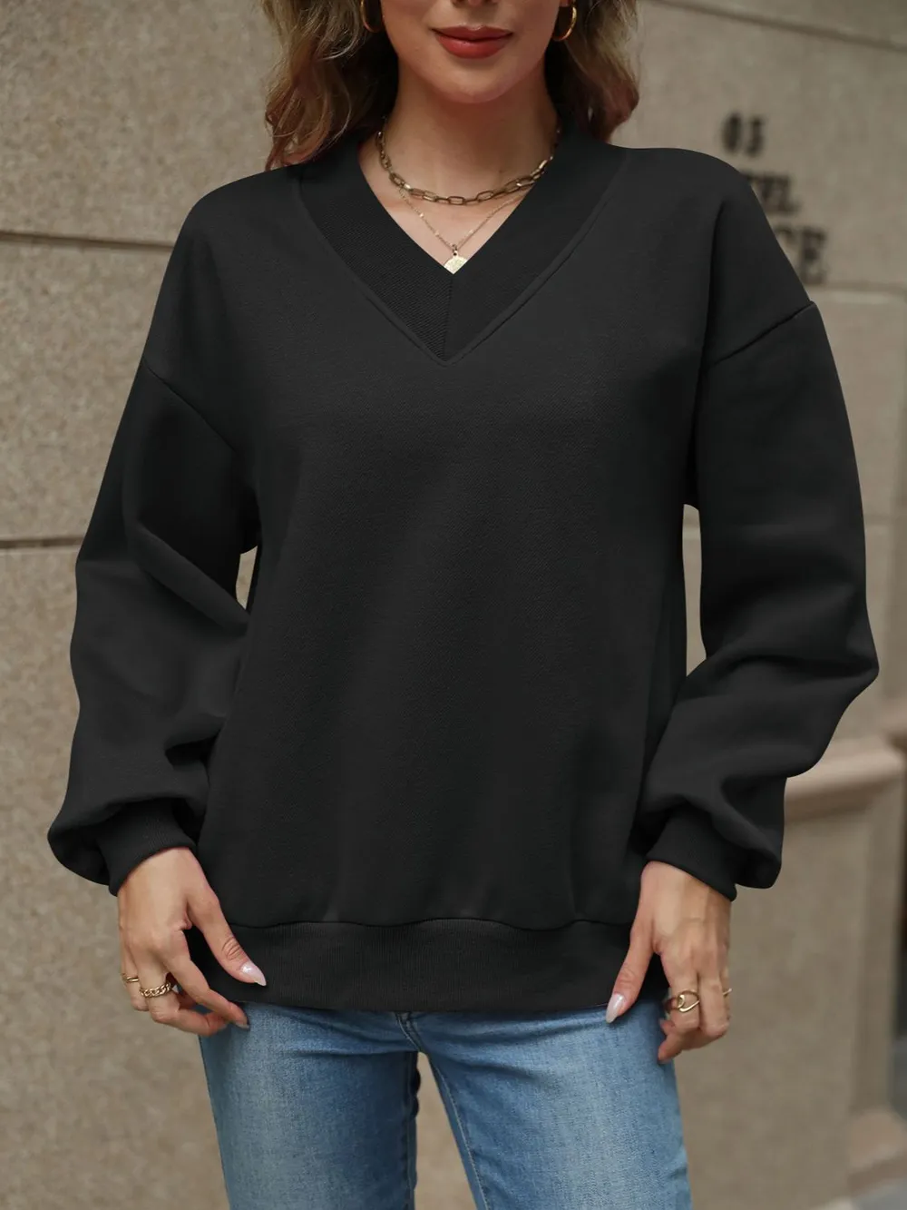 V-Neck Long Sleeve Dropped Shoulder Sweatshirt, image 13