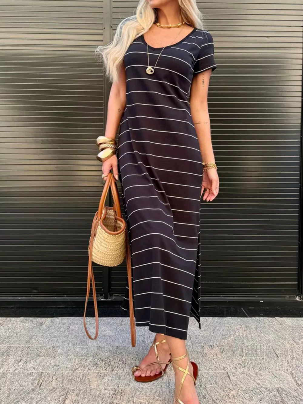 Slit Casual Striped Midi T-Shirt Dress, image 2
